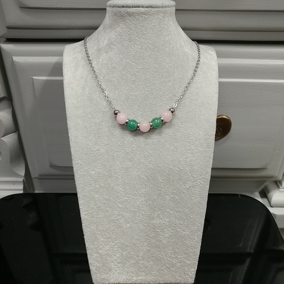 Rose Quartz Aventurine Beaded Necklace Natural Gemstone Crystal Stainless-Steel - Picture 5 of 14